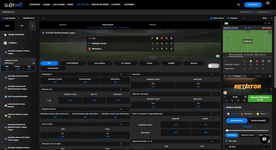 Event-Ansicht eines Live-Matches, rechts das Betiator-Widget mit Trigger-Wahl und Einsatz-Button