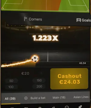 Betiator-Runde bei einem Multiplikator von 1,223x mit einem auszahlbaren Betrag von 24,03 €