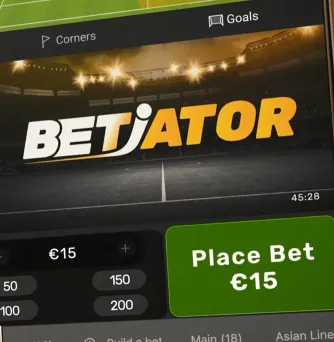 Betiator-Einsatzbildschirm mit einem Betrag von 15 € und den Schnellauswahl-Buttons 50, 100, 150 und 200