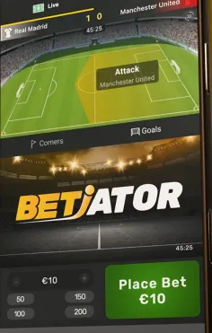 Betiator-Widget mit Spielfeld-Ansicht und Attack-Anzeige neben den Reitern für Ecken und Tore